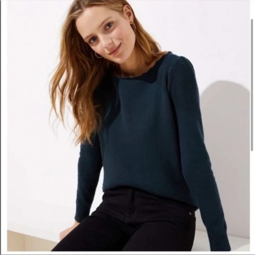 LOFT Scalloped Neck Texture Knit Pullover Sweater in Teal NWT